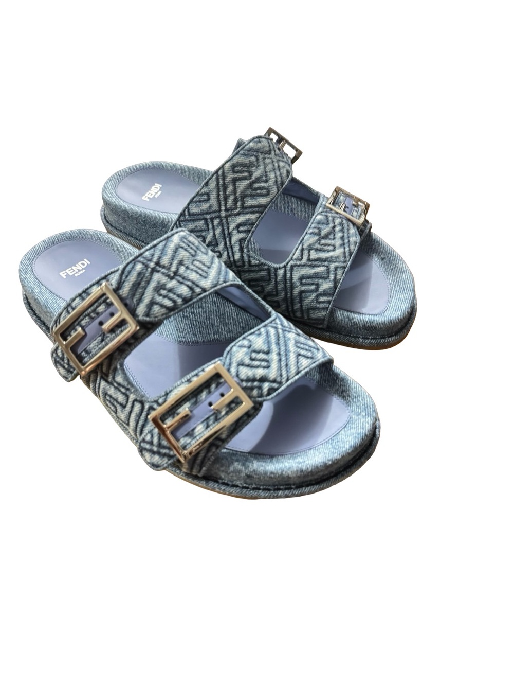Fendi Feel Denim-Effect FF Jacquard Double-Buckle Slides NIB - Picture 2 of 7